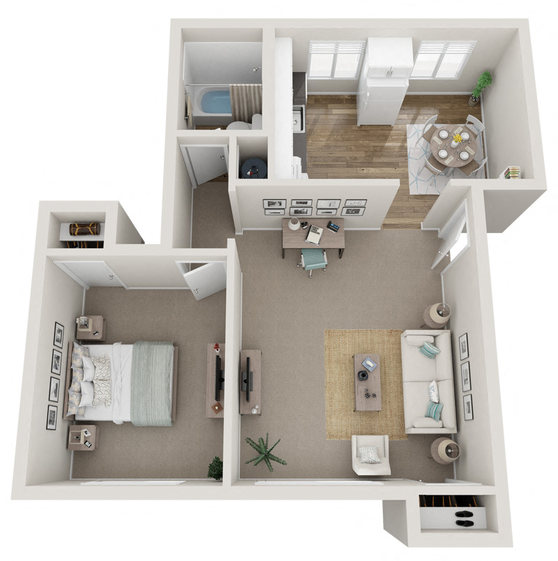 Floor bedroom of one bedroom home virtually staged.at Woodhaven, Washington