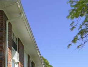 a view of the front of a building with trees and grass