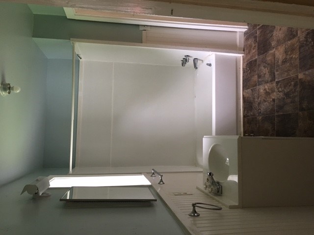 a bathroom with a shower and a sink and a mirror