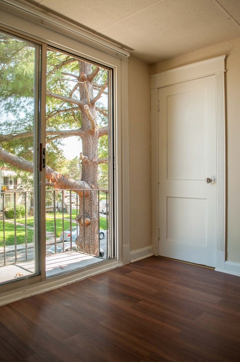a living room with a door to a balcony and a tree