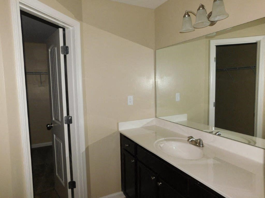 a bathroom with a sink and a mirror and a shower