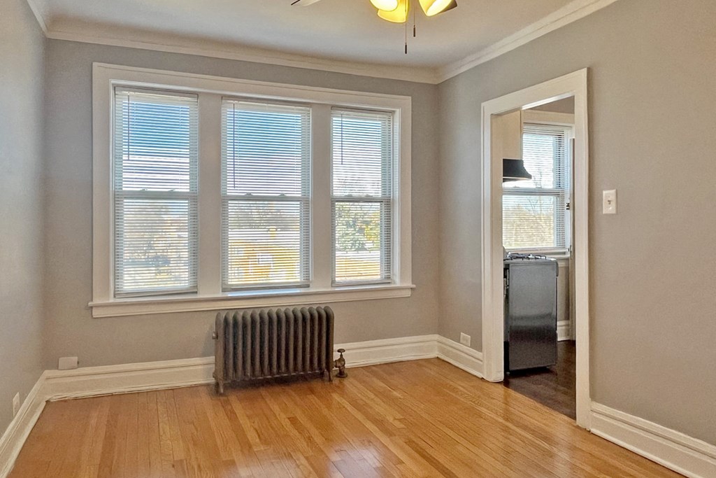 A room with a window, a radiator, and a fridge.