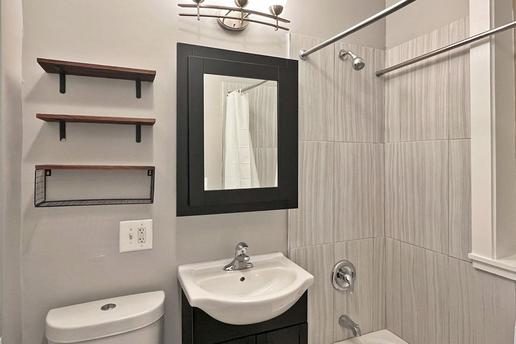A bathroom with a sink, toilet, and shelves.