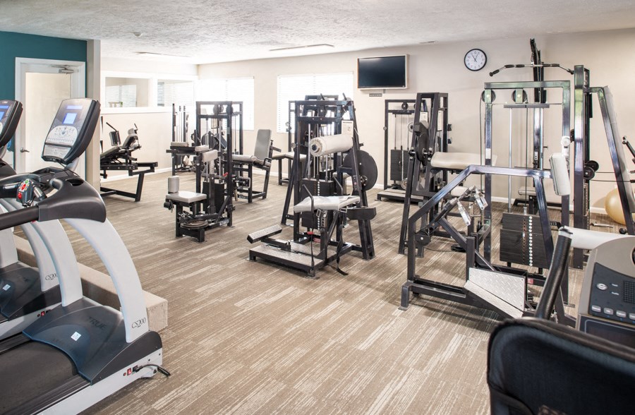 a gym with cardio equipment and weights on the floor
