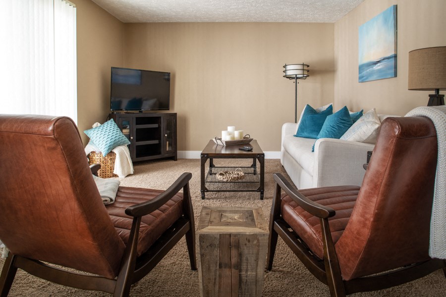 a living room with couches and chairs and a tv