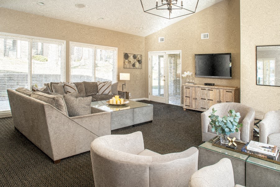 a living room with couches and chairs and a television