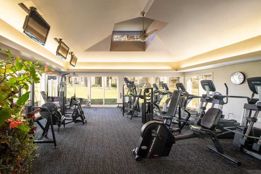 a gym with cardio machines and a window overlooking the grass
