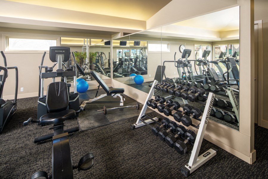a gym with cardio equipment and weights on the floor