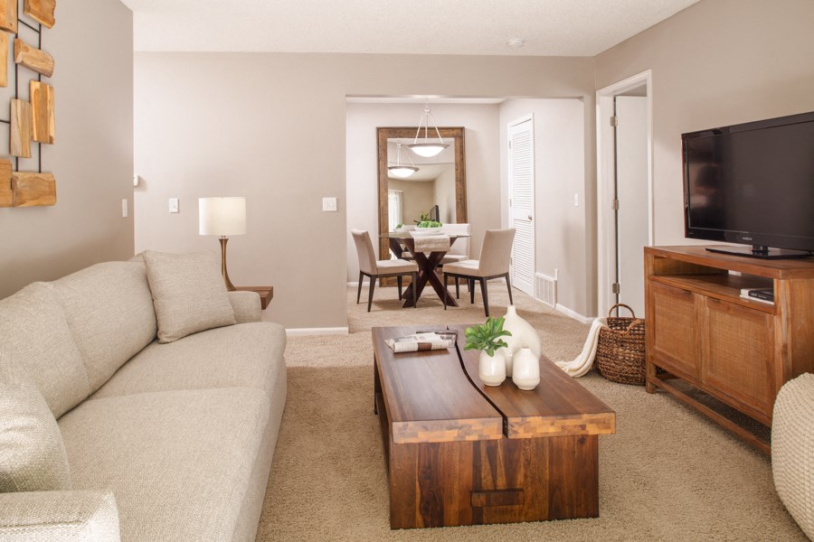 a living room with a couch and a coffee table