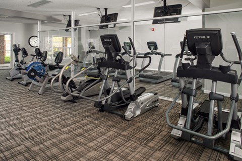 A gym with a variety of exercise equipment including treadmills, stationary bikes, and weight machines.