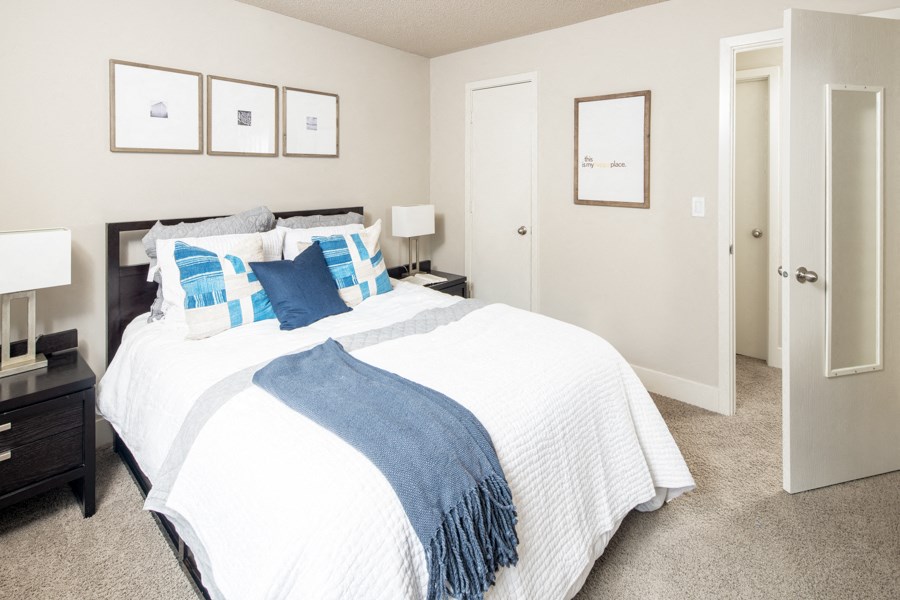 a bedroom with a large bed and a closet