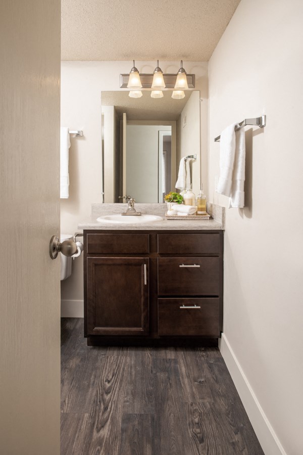a bathroom with a sink and a mirror and a door