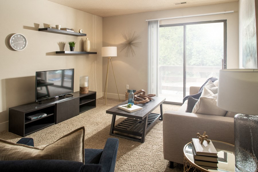 a living room with a couch and a table and a television