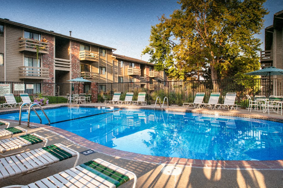 our apartments have a large pool and lounge chairs