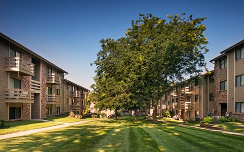 an exterior view of an apartment complex with green grass and trees