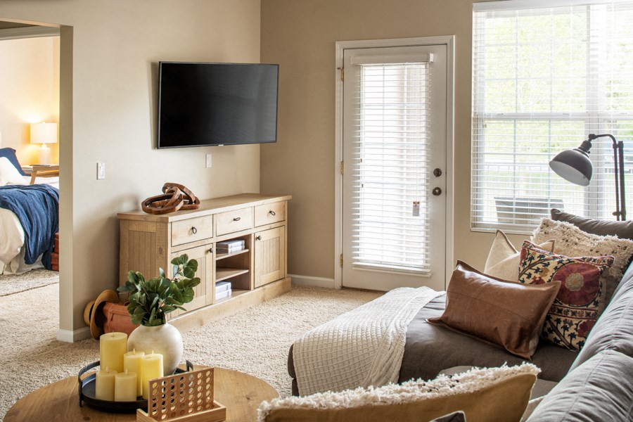 a living room with a couch and a tv