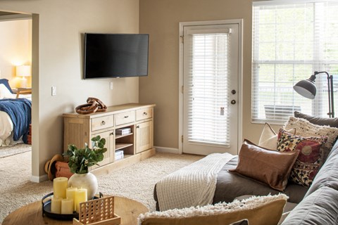 a living room with a couch and a tv