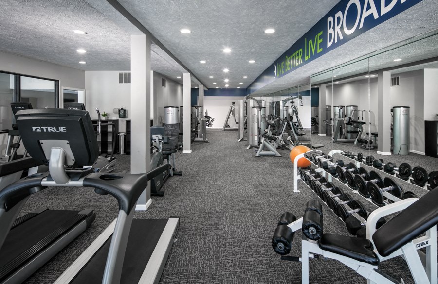 a gym with cardio equipment and weights on a carpeted floor