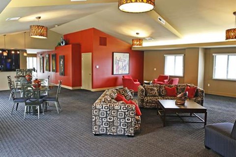 A living room with a grey carpet and a red wall.