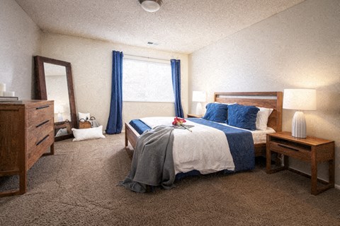 a bedroom with a bed and a dresser and a window
