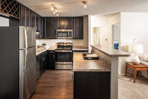 a kitchen with stainless steel appliances and dark wood cabinets