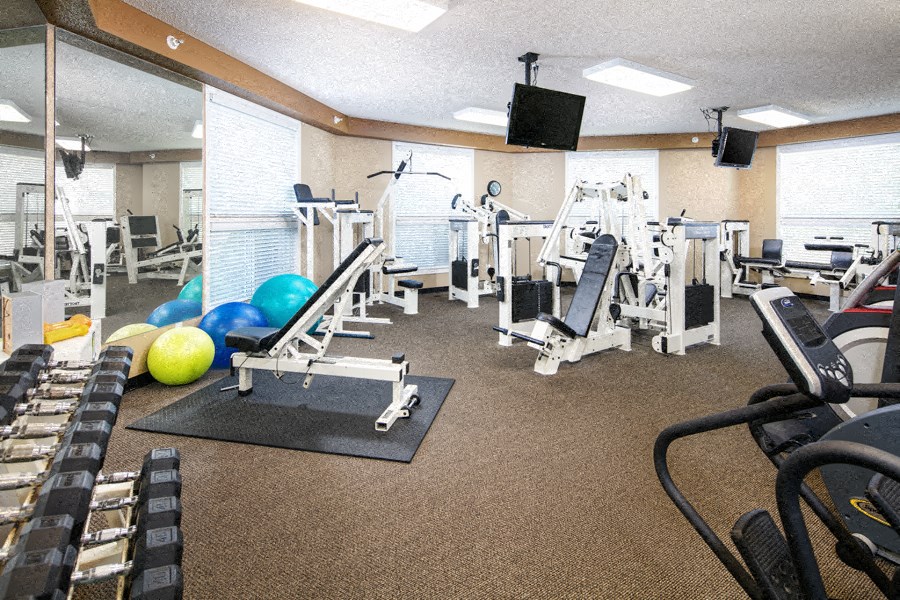 a gym with cardio machines and weights and a tv