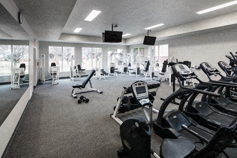 a gym with a lot of exercise equipment in it