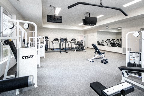 a gym with a lot of exercise equipment and a tv