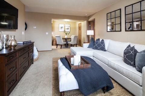 a living room with a white couch and a television