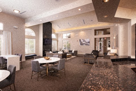 a rendering of the lobby of a hotel with tables and chairs