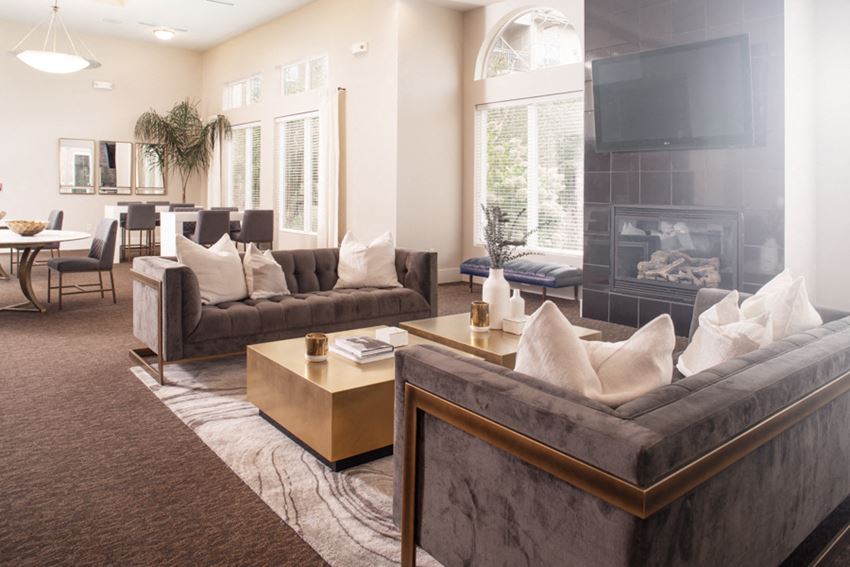 a living room with couches a coffee table and a fireplace