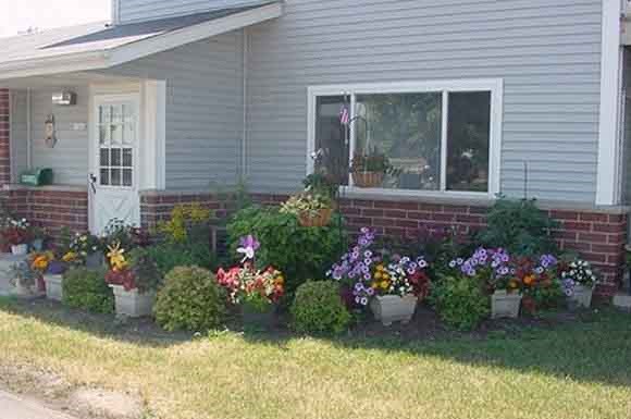 a house with a bunch of flowers in front of it