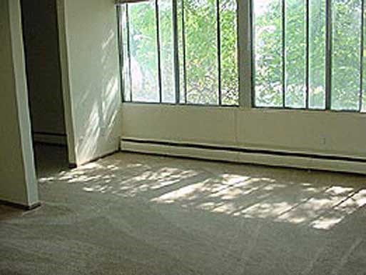an empty room with a window and a carpet