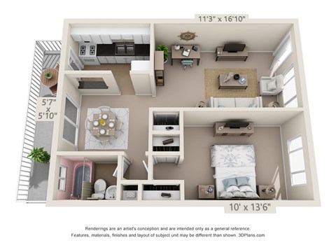 This is a 3D floor plan of a 631 square foot 1 bedroom apartment at Colonial Ridge Apartments in Cincinnati, OH.