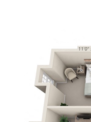 This is a 3D floor plan of a 1460 square foot 3 bedroom townhome at Fairfield Pointe Apartments in Fairfield, OH.