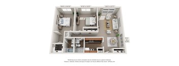 This is a 3D floor plan of a 849 square foot 2 bedroom apartment at Park Lane Apartments in Cincinnati, OH.