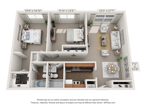 This is a 3D floor plan of a 849 square foot 2 bedroom apartment at Park Lane Apartments in Cincinnati, OH.