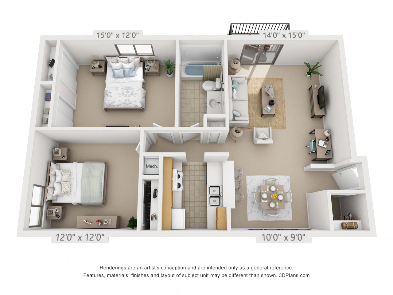 2 bed 1 bed C floor plan of a 882 square foot 2 bedroom apartment  at Village East, Franklin, OH