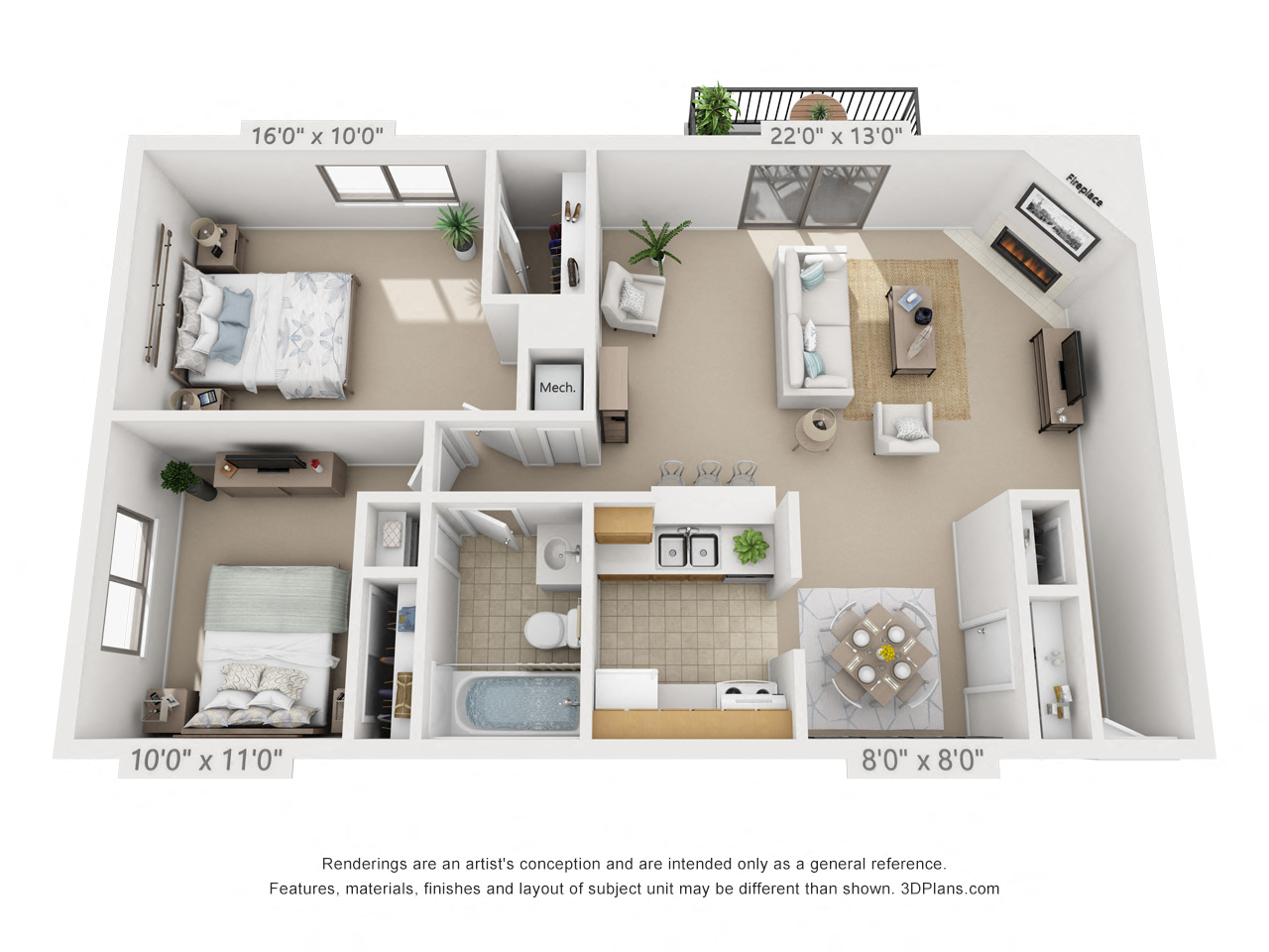 2 bed 1 bed E 3D floor plan of a 922 square foot 2 bedroom apartment at Village East, Franklin