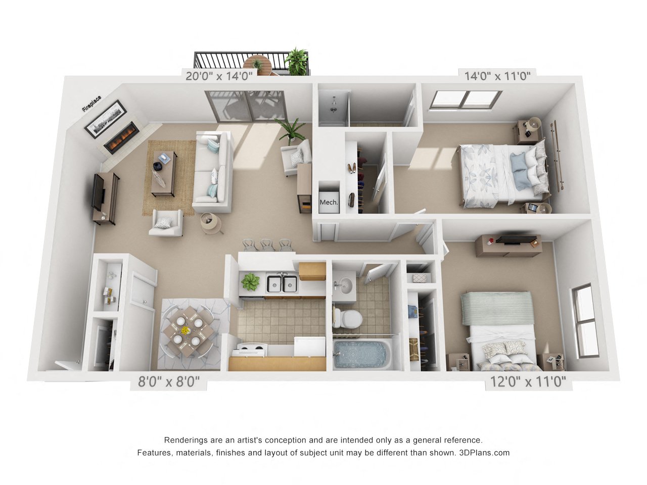 2 bed 2 bed E 3D floor plan of a 1018 square foot 2 bedroom apartment  at Village East, Ohio