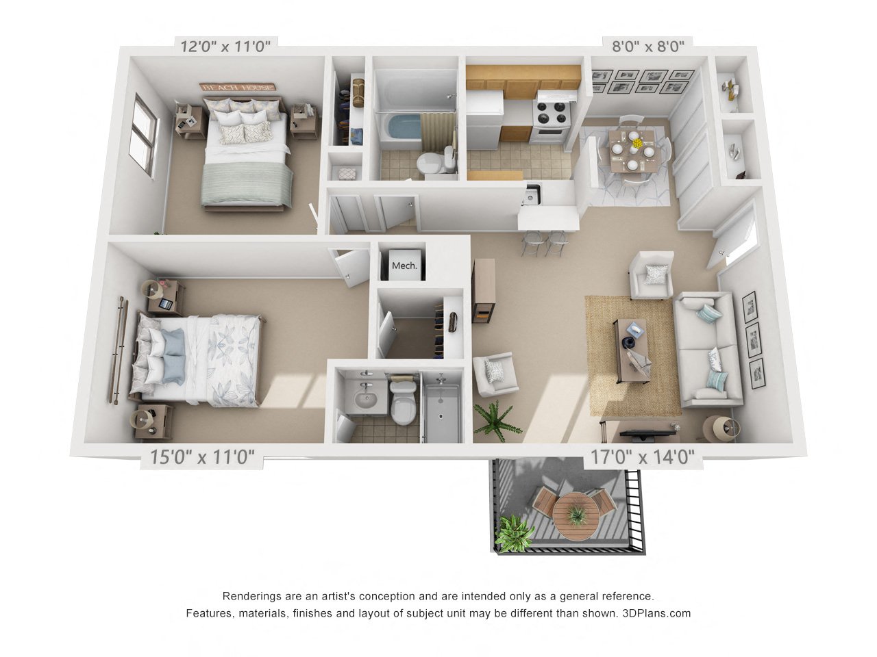 2 bed 2 bed A 3D floor plan of a 925 square foot 2 bedroom apartment  at Village East, Franklin