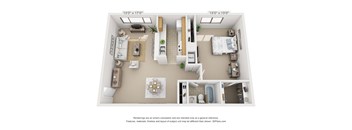 This is a 3D floor plan of a 684 square foot 1 bedroom apartment at  Village East Apartments in Franklin, OH.
