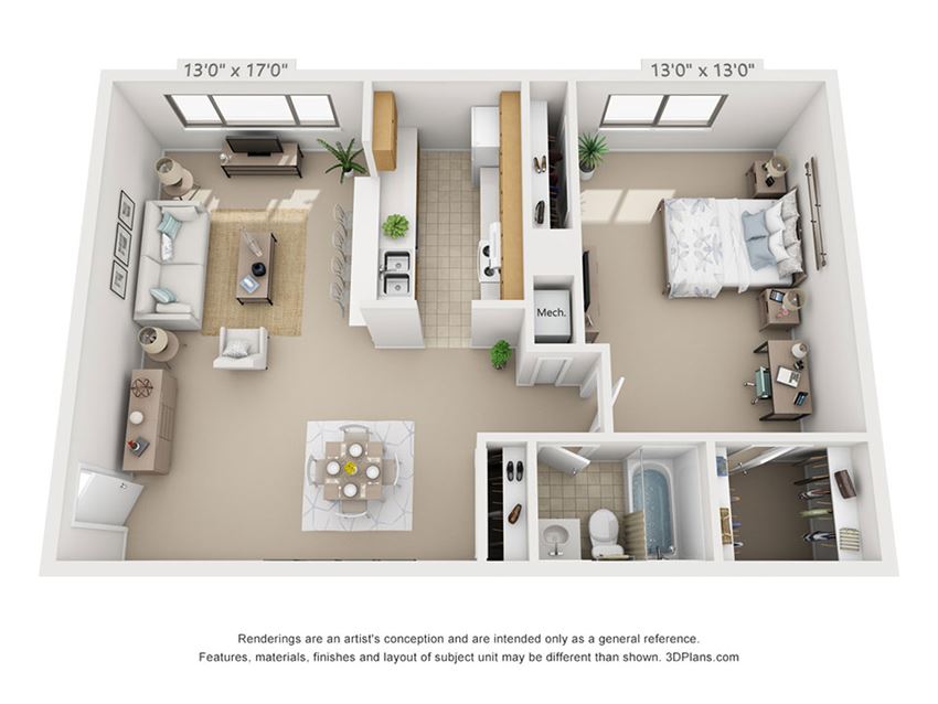 This is a 3D floor plan of a 684 square foot 1 bedroom apartment at Village East Apartments in Franklin, OH.
