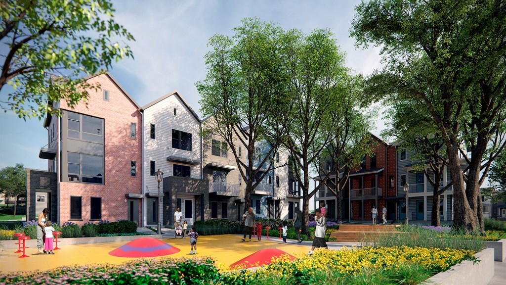 a rendering of a group of houses with children playing on a playground