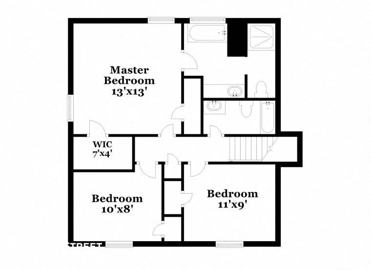 a floor plan of a house with an open floor plan with bedrooms and a bathroom