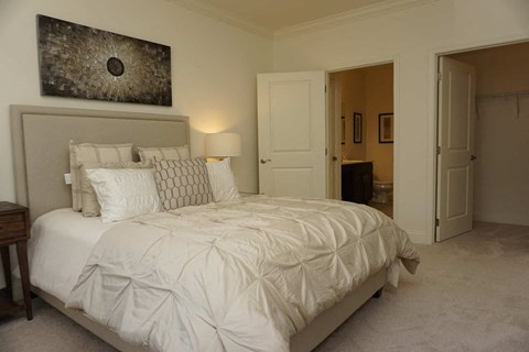 a bedroom with a large bed and a closet