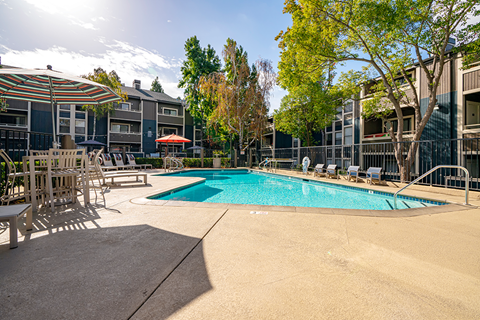 A swimming pool surrounded by chairs and trees.