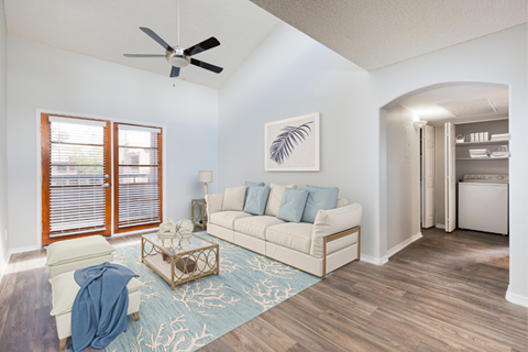 A living room with a white couch and a blue rug.