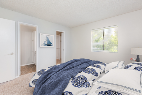 A bedroom with a bed covered in a blue and white comforter.