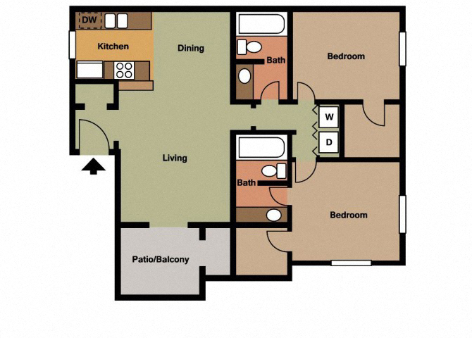 2 Bedroom, 2 Bath floor plan